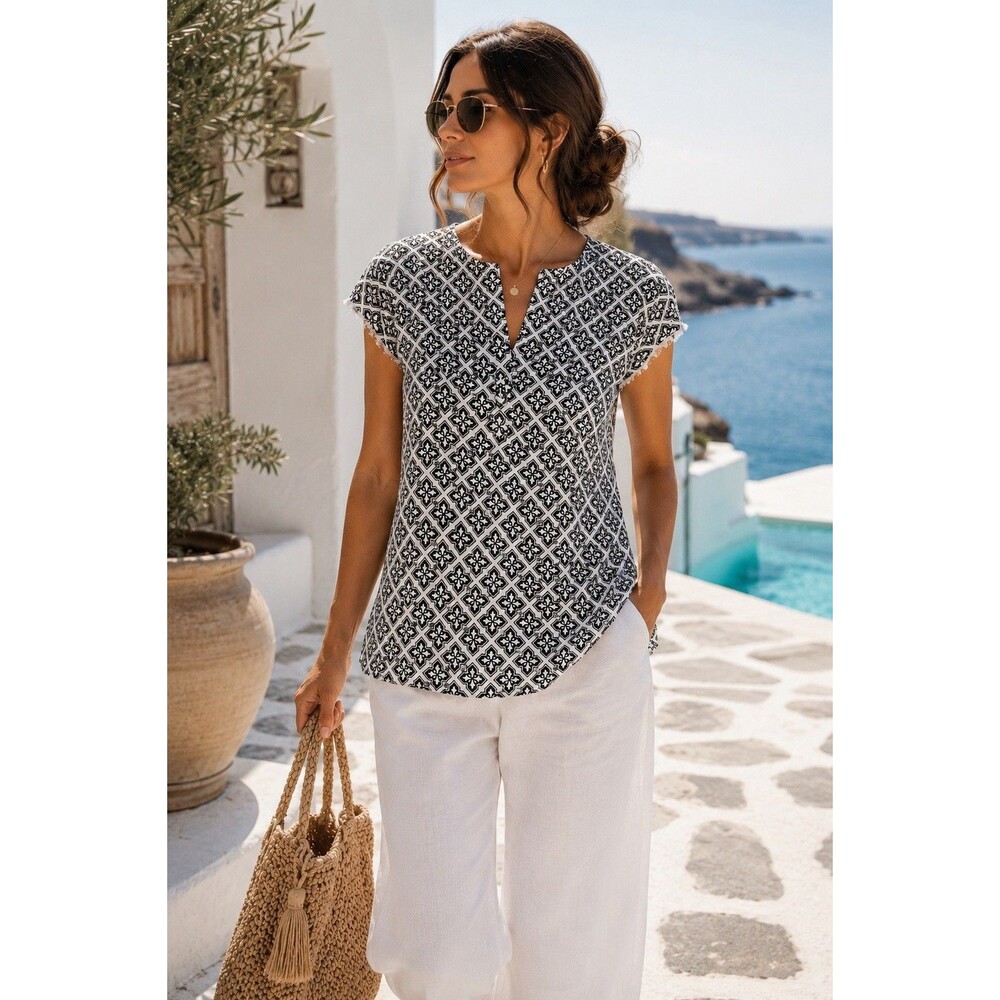 Charter Club Luxury 100% Linen Black White Print Top L Split Neck Boho Coastal